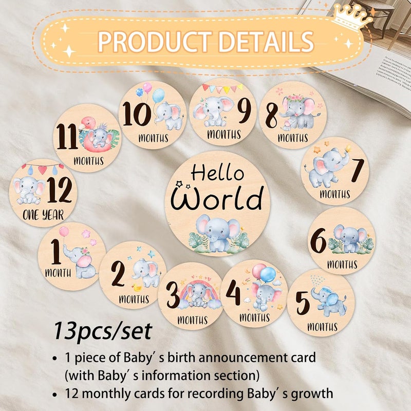 MCIAONE Baby Monthly Milestone Cards Signs - 13 Double Sided Little Elephant Milestone Cards, "Hello" Wooden Circles Discs for Photo Props Elephant Newborn Announcement Marker, Baby Shower Newborn Sign Gift - Image 4